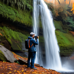 A professional outdoor photographer, fully clothed in appropriate, modest hiking attire, standing near a majestic waterfall. The waterfall cascades gracefully, surrounded by a vibrant autumn forest with red, orange, and golden leaves. Soft morning light filters through the trees, creating a serene, misty atmosphere. The photographer holds a professional camera on a tripod, capturing the scene. professional photography, high quality, ultra detailed, cinematic lighting, perfect anatomy, correct proportions, natural pose, well-formed hands, proper finger count, natural body proportions, safe for work, appropriate content, fully clothed, professional, family-friendly.