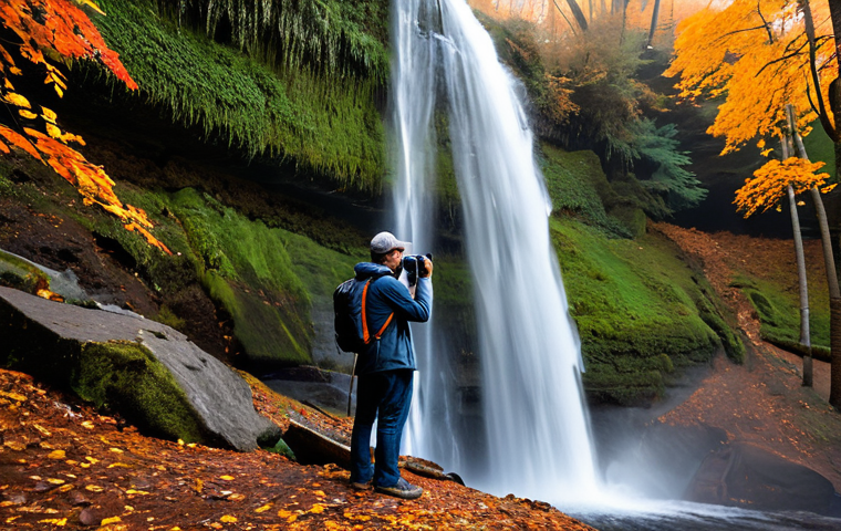 A professional outdoor photographer, fully clothed in appropriate, modest hiking attire, standing near a majestic waterfall. The waterfall cascades gracefully, surrounded by a vibrant autumn forest with red, orange, and golden leaves. Soft morning light filters through the trees, creating a serene, misty atmosphere. The photographer holds a professional camera on a tripod, capturing the scene. professional photography, high quality, ultra detailed, cinematic lighting, perfect anatomy, correct proportions, natural pose, well-formed hands, proper finger count, natural body proportions, safe for work, appropriate content, fully clothed, professional, family-friendly.